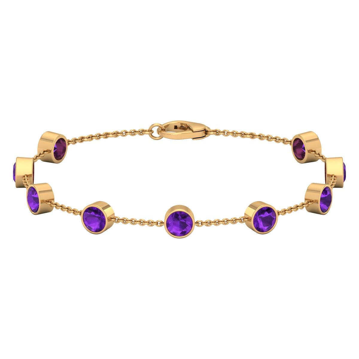 Bezel set amethyst station chain bracelet for women by Rosec Jewels, featuring purple gemstones on a delicate metal chain.