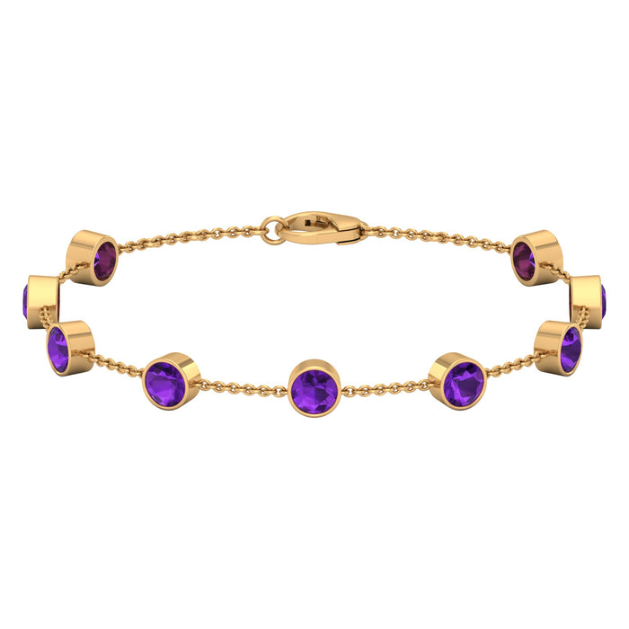 Bezel set amethyst station chain bracelet for women by Rosec Jewels, featuring purple gemstones on a delicate metal chain.