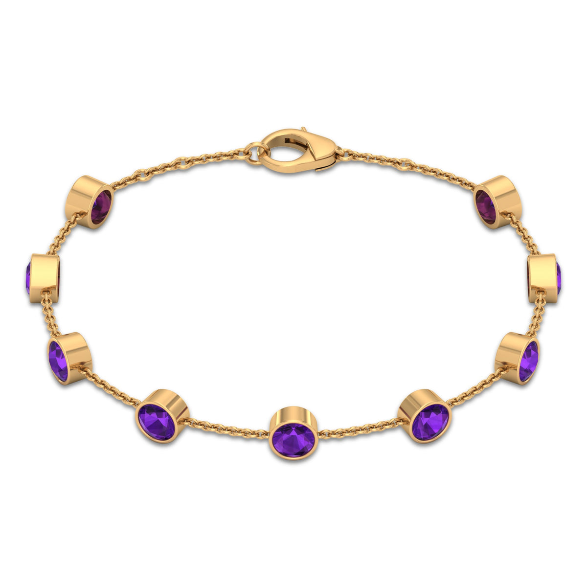 Bezel set amethyst station chain bracelet for women by Rosec Jewels, featuring purple gemstones on a delicate metal chain.