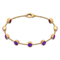 Bezel set amethyst station chain bracelet for women by Rosec Jewels, featuring purple gemstones on a delicate metal chain.