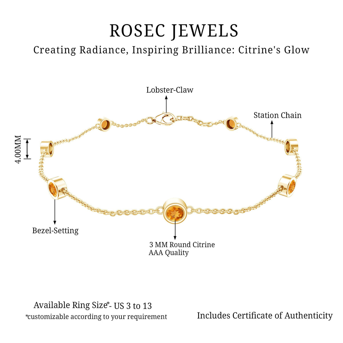 Natural Citrine 7 Stone Station Chain Bracelet for Women