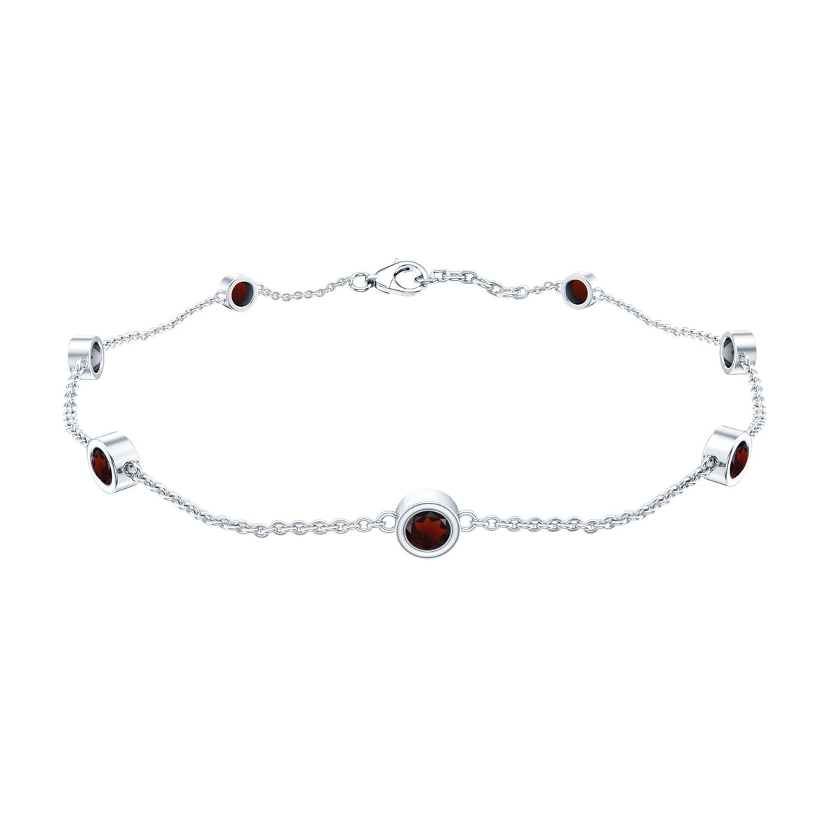 Rosec Jewels bezel set garnet seven stone station chain bracelet with elegant design and gemstone accents.