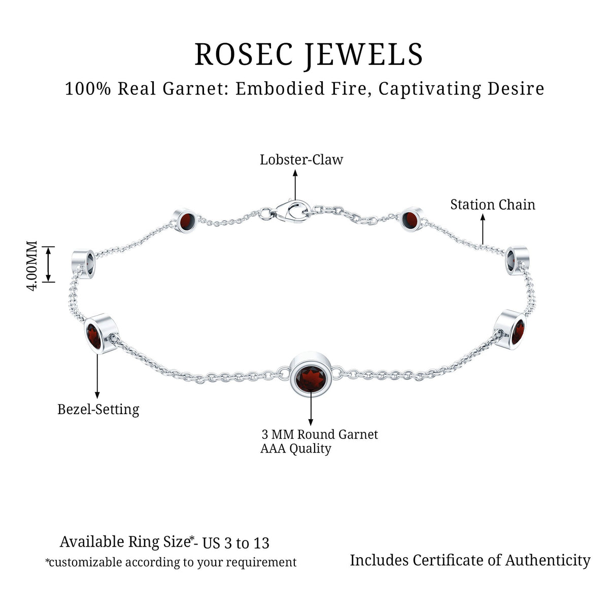 Bezel set garnet seven-stone station chain bracelet from Rosec Jewels, featuring a delicate gold-tone design with gemstone accents.