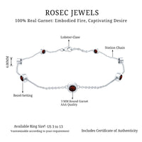 Bezel set garnet seven-stone station chain bracelet from Rosec Jewels, featuring a delicate gold-tone design with gemstone accents.