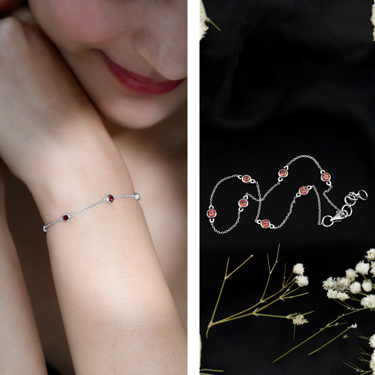 Bezel set garnet seven-stone station chain bracelet by Rosec Jewels, showcasing polished garnet gemstones on a gold-tone chain.