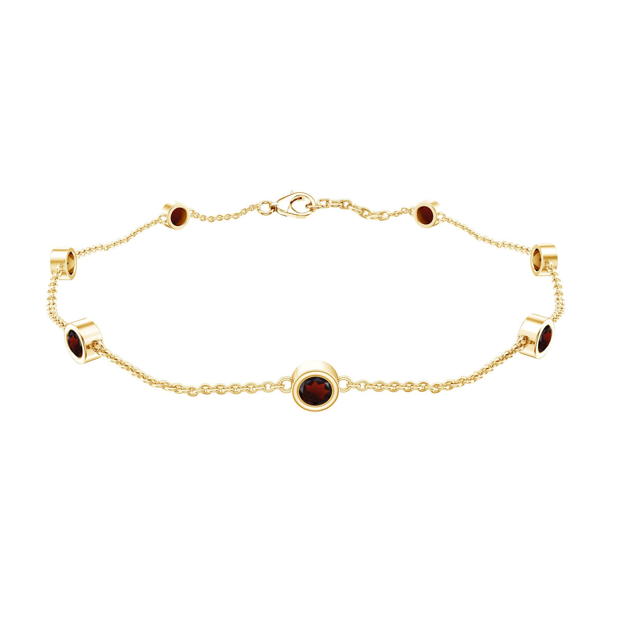 Bezel set garnet seven-stone station chain bracelet by Rosec Jewels, featuring polished metal links and vibrant red gemstones.