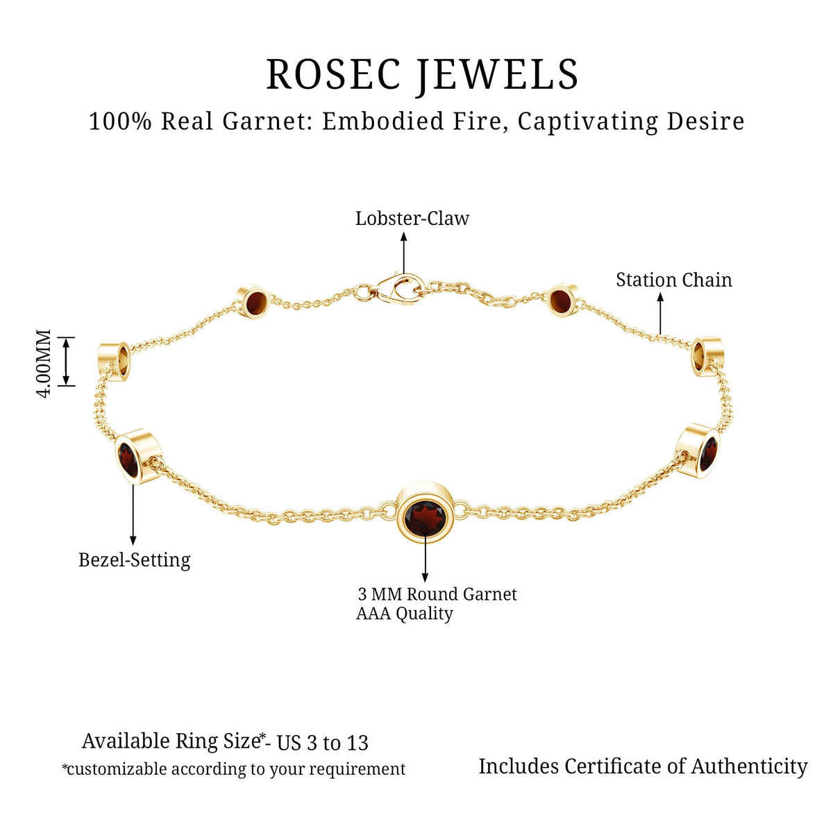 Bezel set garnet seven-stone station chain bracelet by Rosec Jewels featuring red garnet gemstones on a delicate gold chain.