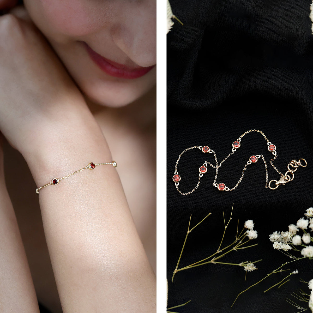 Bezel set garnet seven-stone station chain bracelet by Rosec Jewels featuring alternating deep red garnet stones on a silver chain.