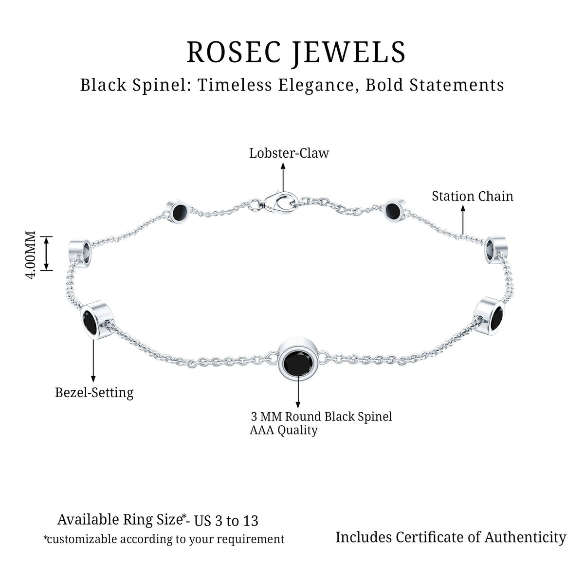 Natural black spinel 7-stone station chain bracelet by Rosec Jewels showcasing black gemstones on a delicate silver chain.