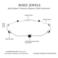 Natural black spinel 7-stone station chain bracelet by Rosec Jewels showcasing black gemstones on a delicate silver chain.