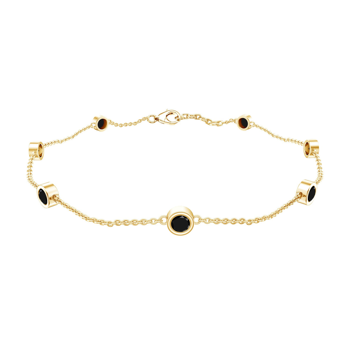 Natural black spinel 7-stone station chain bracelet by Rosec Jewels featuring polished black gemstones on a delicate silver chain.