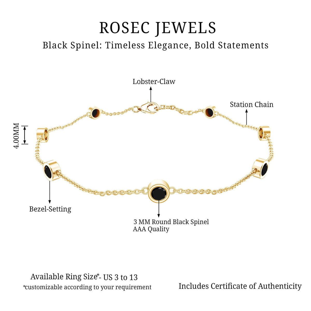 Natural black spinel 7-stone station chain bracelet by Rosec Jewels with alternating polished black stones and delicate silver chain.