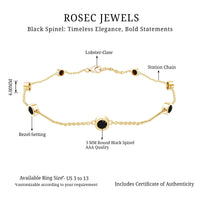 Natural black spinel 7-stone station chain bracelet by Rosec Jewels with alternating polished black stones and delicate silver chain.