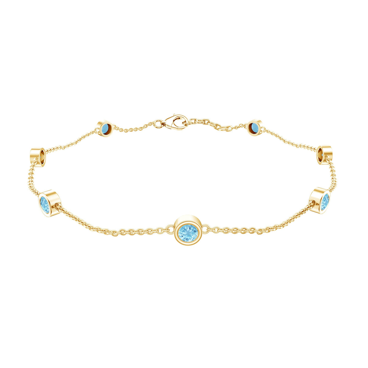 Bezel set aquamarine station bracelet for women featuring blue gemstones and silver chain from Rosec Jewels.