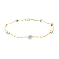 Bezel set aquamarine station bracelet for women featuring blue gemstones and silver chain from Rosec Jewels.