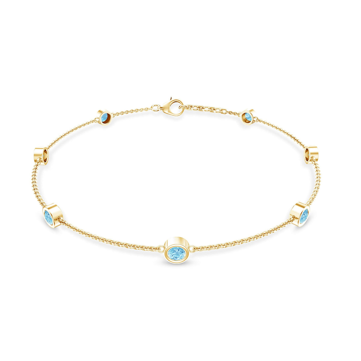 Bezel set aquamarine station bracelet for women by Rosec Jewels, featuring blue aquamarine stones on a delicate chain.