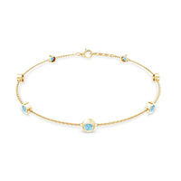 Bezel set aquamarine station bracelet for women by Rosec Jewels, featuring blue aquamarine stones on a delicate chain.