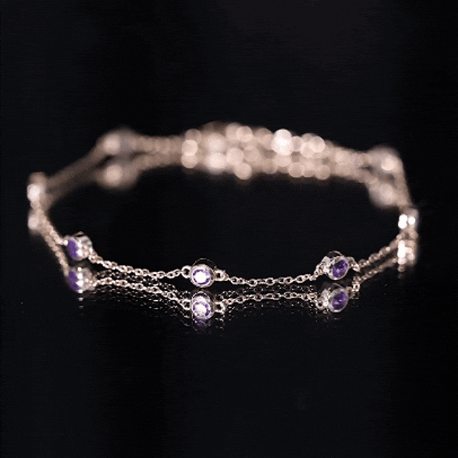 Real amethyst chain bracelet in bezel setting featuring vibrant purple gemstones, crafted by Rosec Jewels.