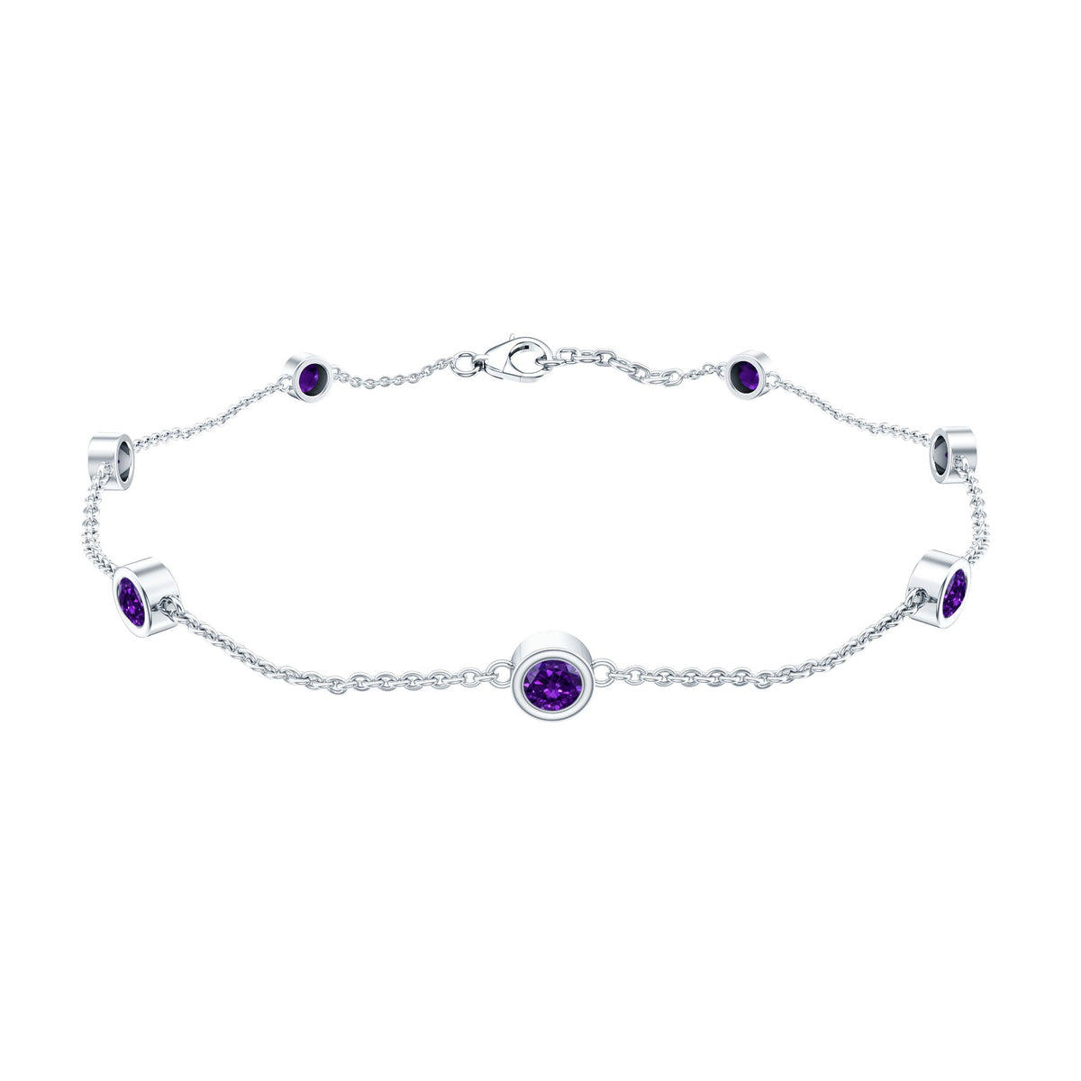 Real amethyst chain bracelet in bezel setting featuring polished purple gemstones on a delicate silver chain.