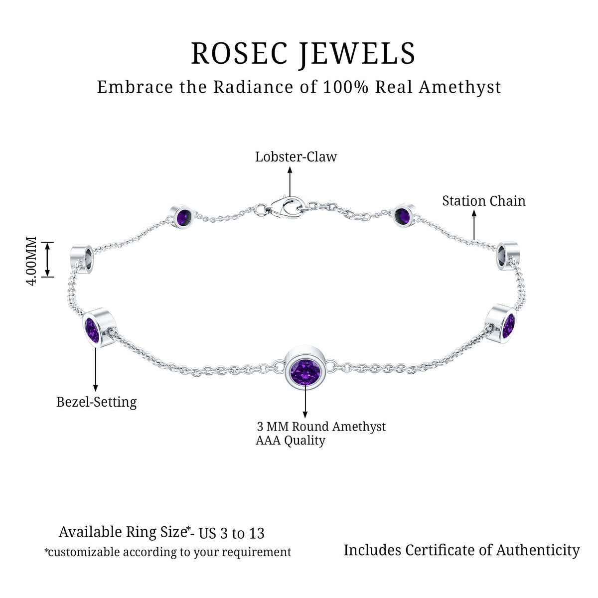 Real amethyst chain bracelet in bezel setting by Rosec Jewels featuring purple gemstone beads on a delicate silver chain.