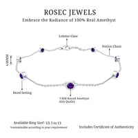 Real amethyst chain bracelet in bezel setting by Rosec Jewels featuring purple gemstone beads on a delicate silver chain.