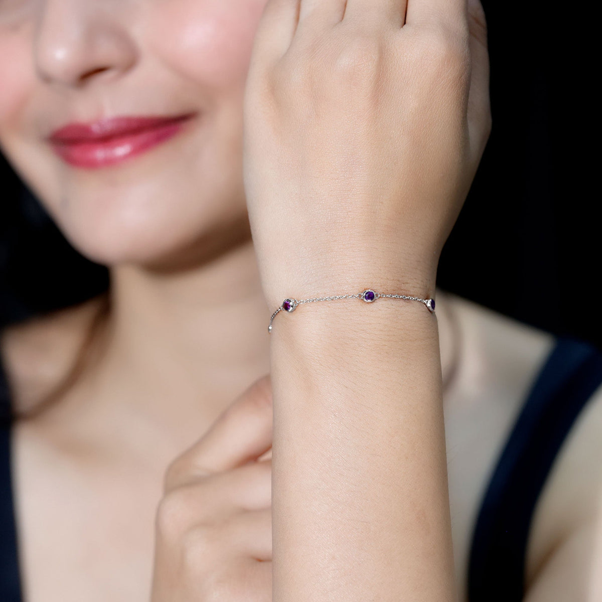 Real Amethyst chain bracelet in bezel setting by Rosec Jewels, featuring purple gemstones on a delicate silver chain.