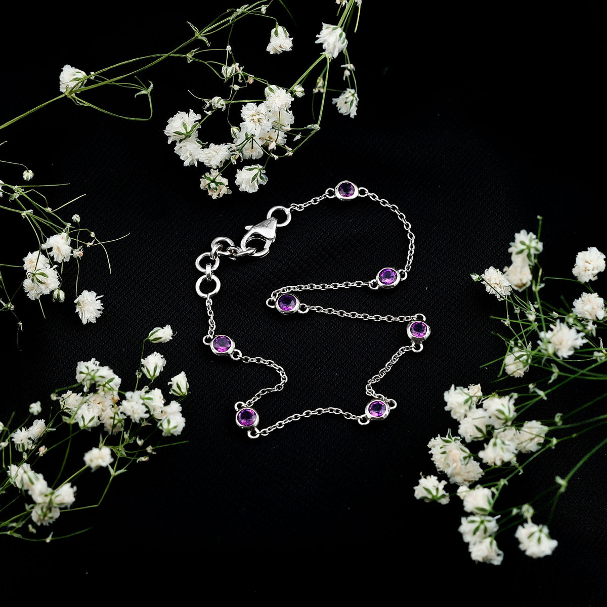 Real amethyst chain bracelet in bezel setting with silver-tone links, elegant jewelry piece by Rosec Jewels.