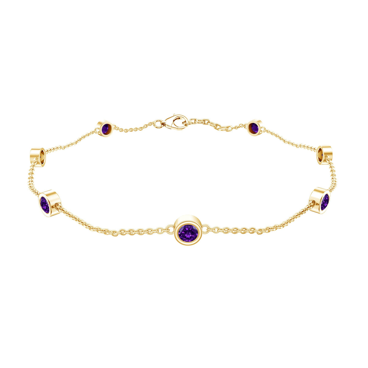 Real amethyst chain bracelet in bezel setting by Rosec Jewels, featuring purple amethyst stones on a delicate silver chain.