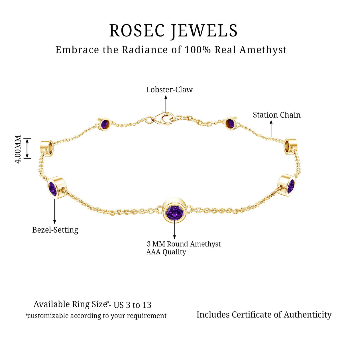 Real amethyst chain bracelet in bezel setting by Rosec Jewels, featuring a delicate purple gemstone design.