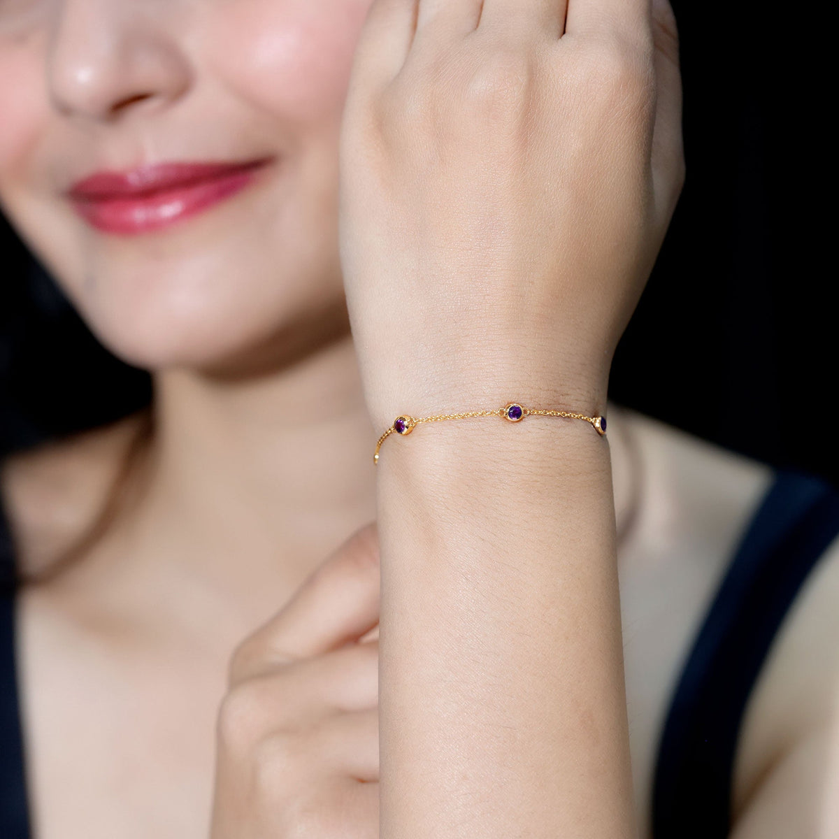 Real amethyst chain bracelet in bezel setting, featuring a delicate silver design by Rosec Jewels.