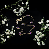 Real amethyst chain bracelet in bezel setting featuring polished purple gemstones on a delicate silver chain.