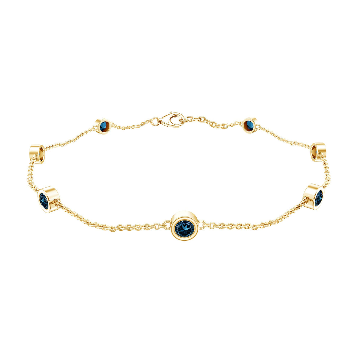 Bezel set London Blue Topaz station chain bracelet by Rosec Jewels with sparkling blue gemstones and delicate silver chain.