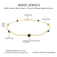 Rosec Jewels London Blue Topaz station chain bracelet with bezel-set blue gemstones and delicate gold chain.