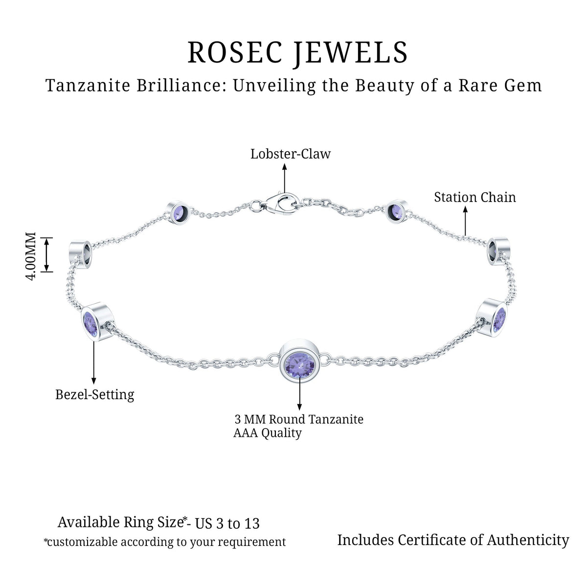 Certified natural tanzanite chain bracelet for women featuring elegant blue gemstones and sterling silver accents.