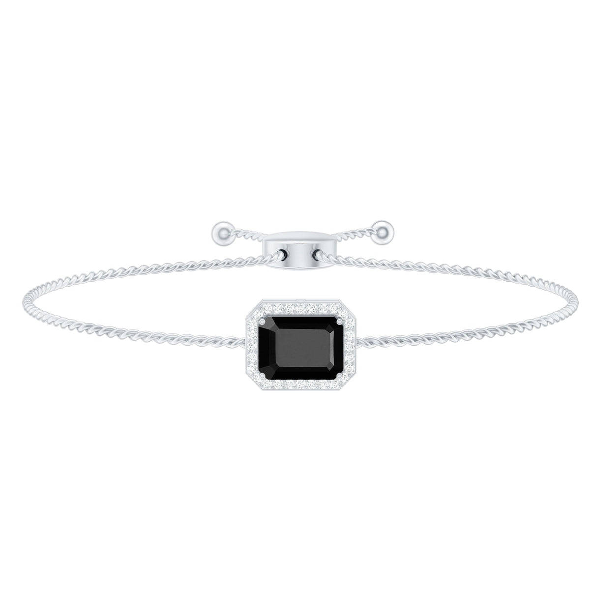 Black onyx bolo bracelet with 1.8 carat emerald cut gemstone and diamond halo from Rosec Jewels, featuring a sleek, elegant design.