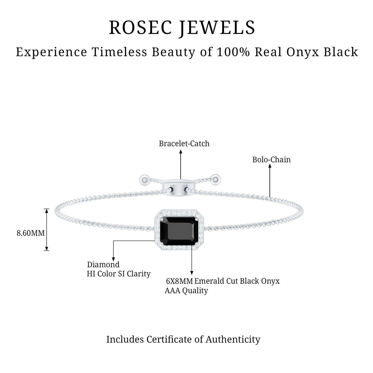 Natural 1.8 carat emerald cut black onyx bolo bracelet with diamond halo from Rosec Jewels, featuring a sleek silver design.