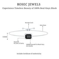 Natural 1.8 carat emerald cut black onyx bolo bracelet with diamond halo from Rosec Jewels, featuring a sleek silver design.
