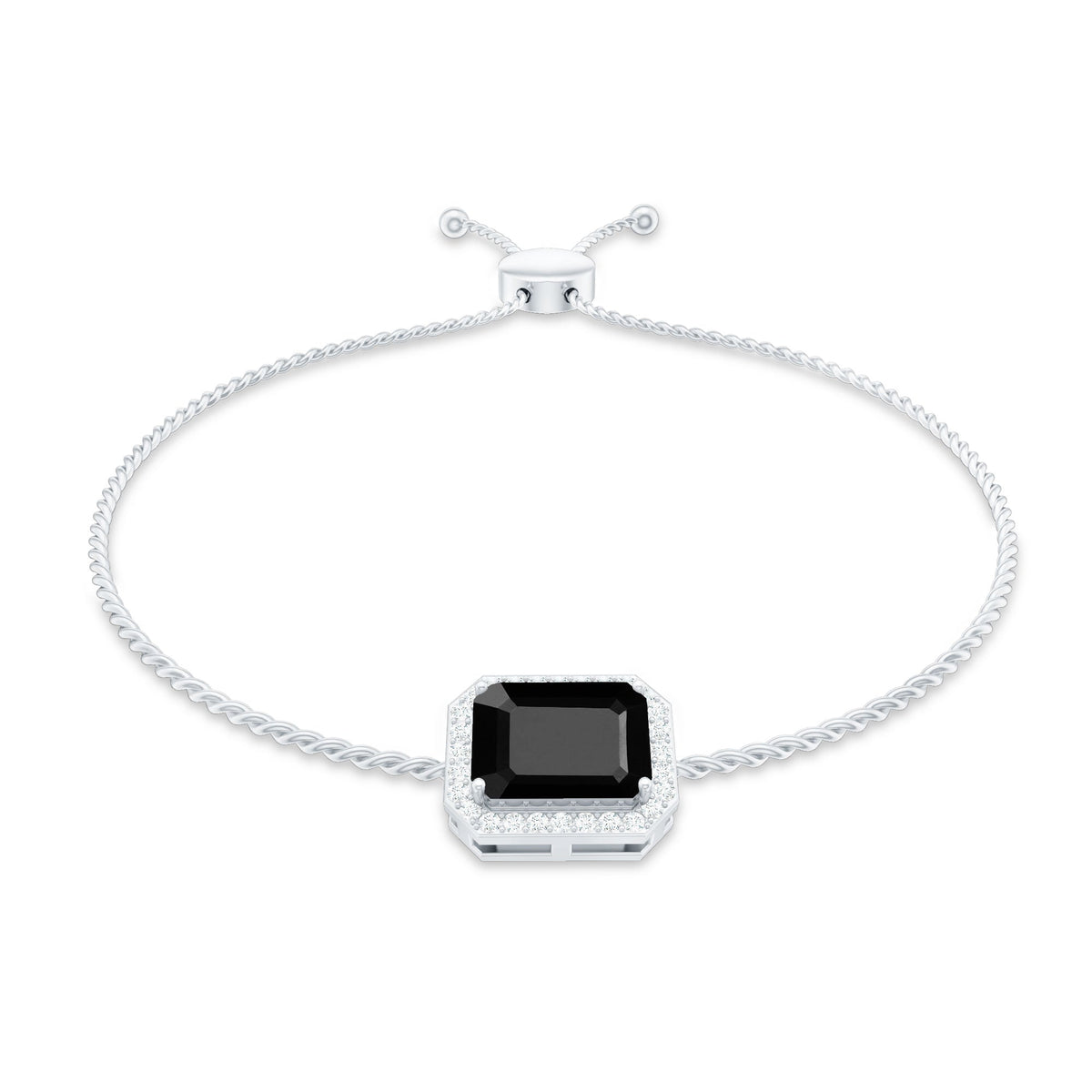 Natural 1.8 carat emerald cut black onyx bolo bracelet with diamond halo, showcasing elegant jewelry design by Rosec Jewels.