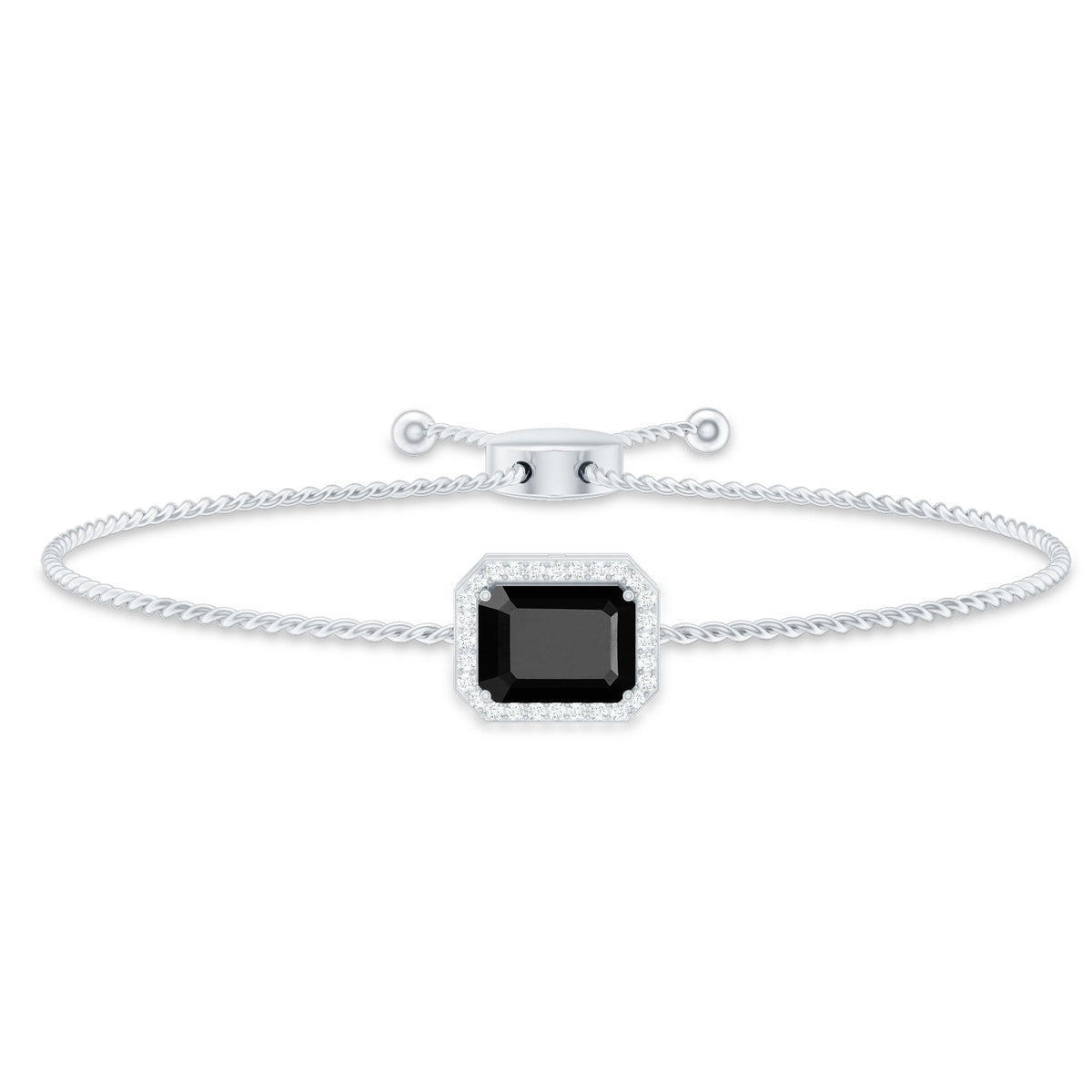 Natural 1.8 carat emerald cut black onyx bolo bracelet with diamond halo from Rosec Jewels, featuring a sleek and elegant design.
