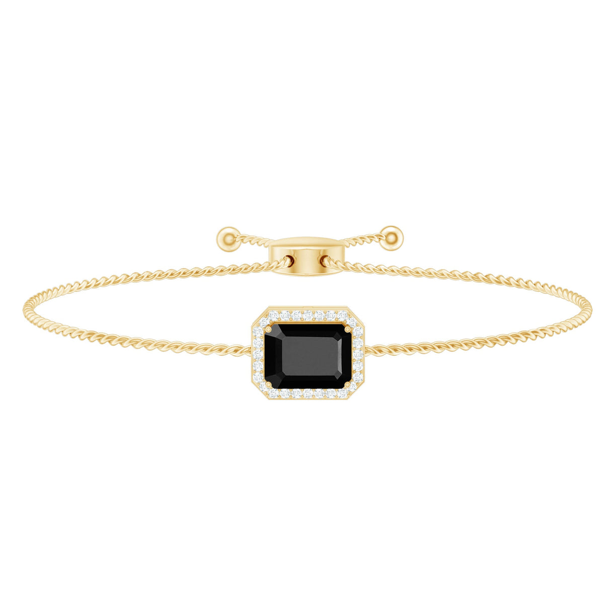 Rosec Jewels black onyx bolo bracelet with 1.8 carat emerald cut gemstone and diamond halo, showcasing elegant jewelry design.