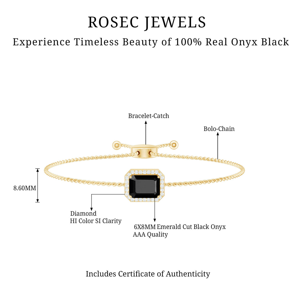Black onyx bolo bracelet with natural 1.8 carat emerald cut stone and diamond halo, by Rosec Jewels.