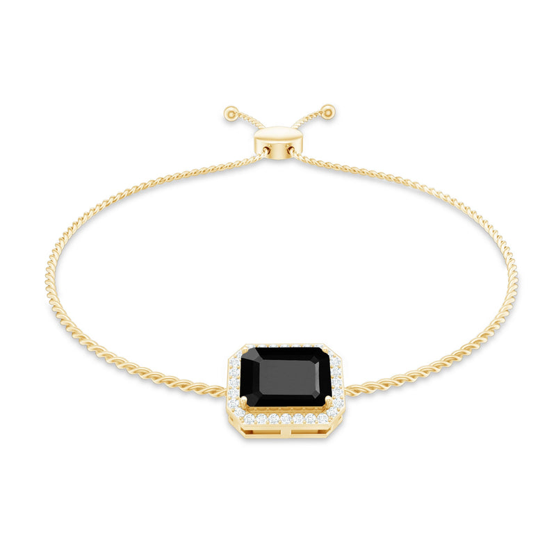 Natural 1.8 Carat Emerald Cut Black Onyx Bolo Bracelet with Diamond Halo from Rosec Jewels, featuring a sleek black onyx centerpiece.