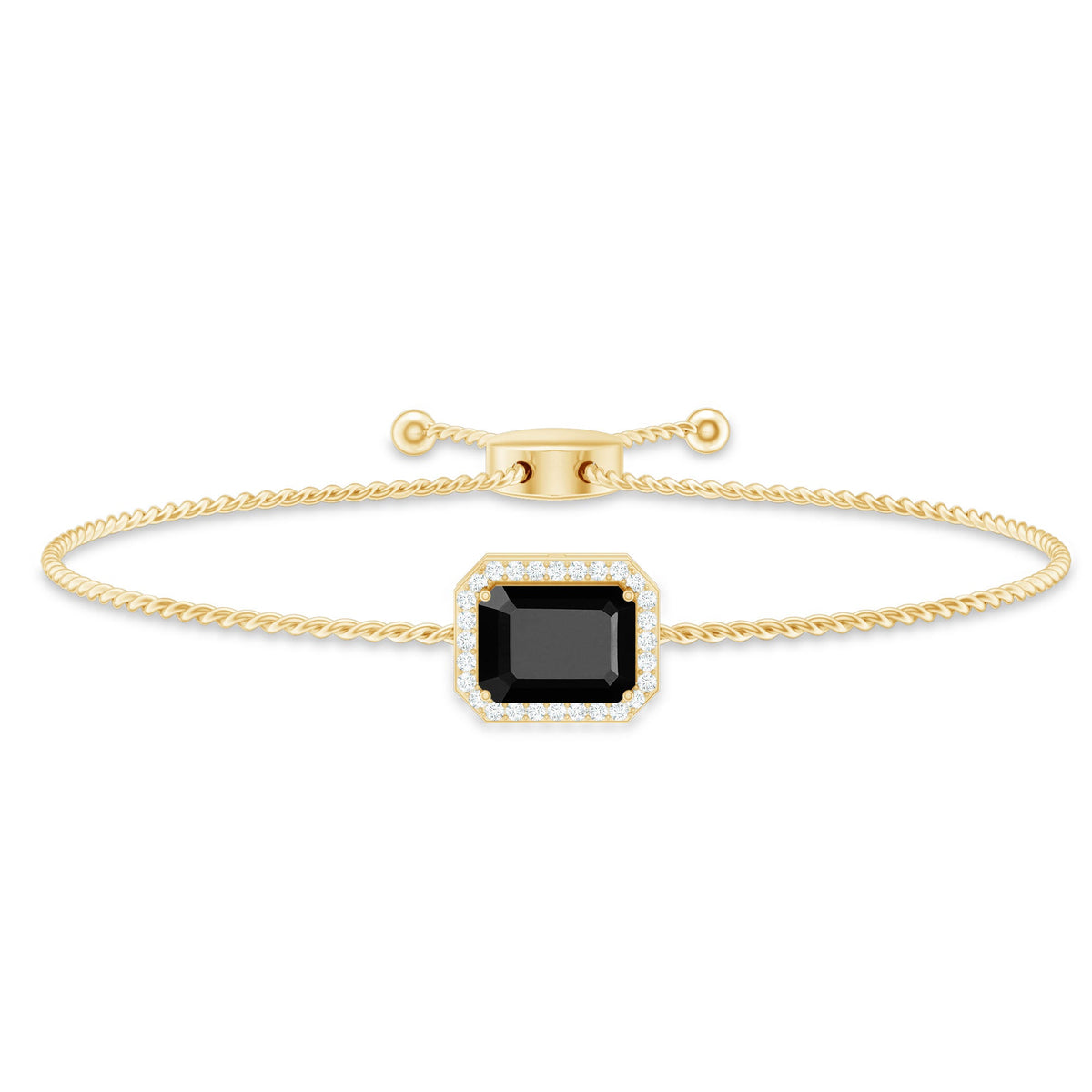Natural 1.8 carat emerald cut black onyx bolo bracelet with diamond halo by Rosec Jewels, showcasing elegant design and craftsmanship.
