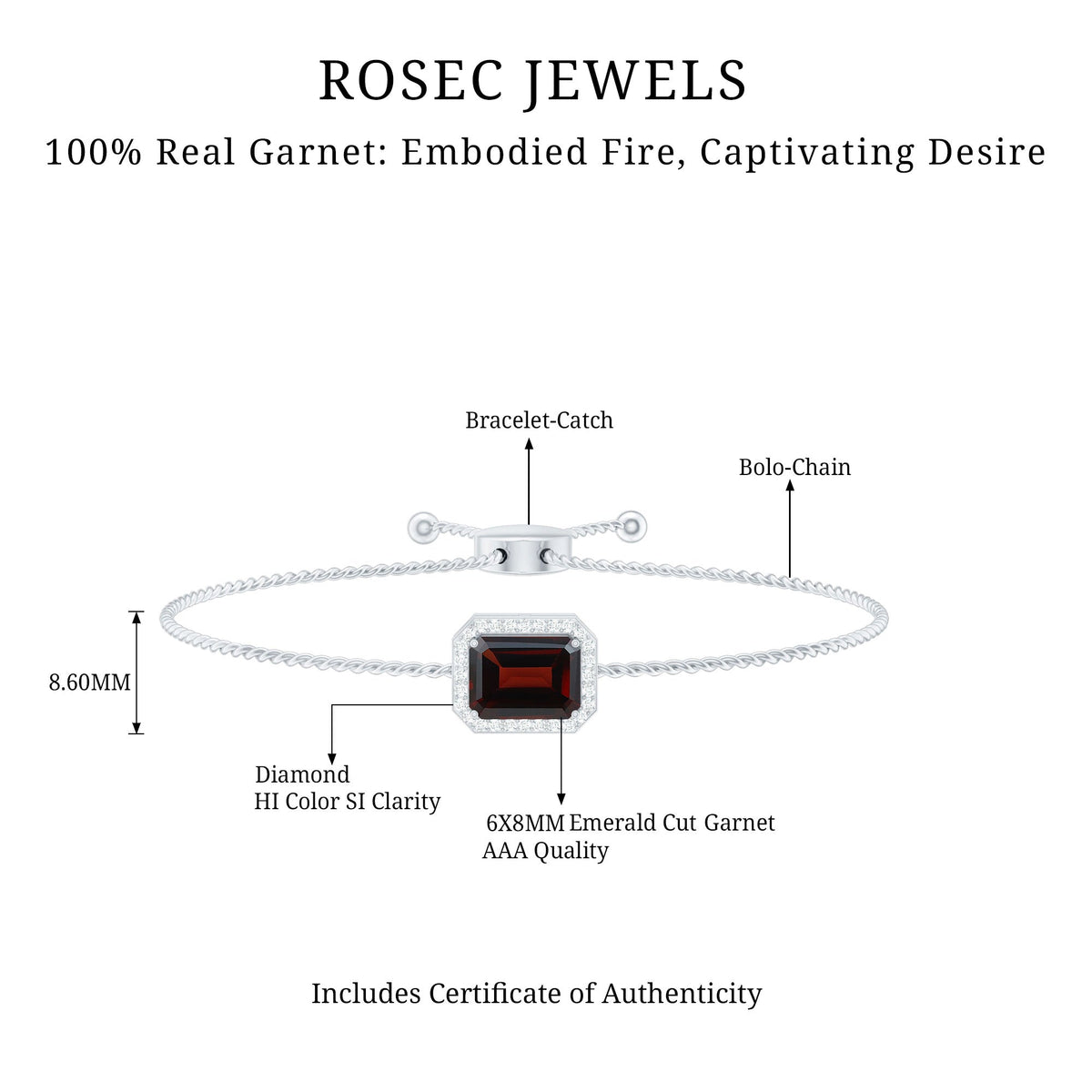 Real 2 Carat Emerald Cut Garnet Bolo Bracelet with Diamond Halo