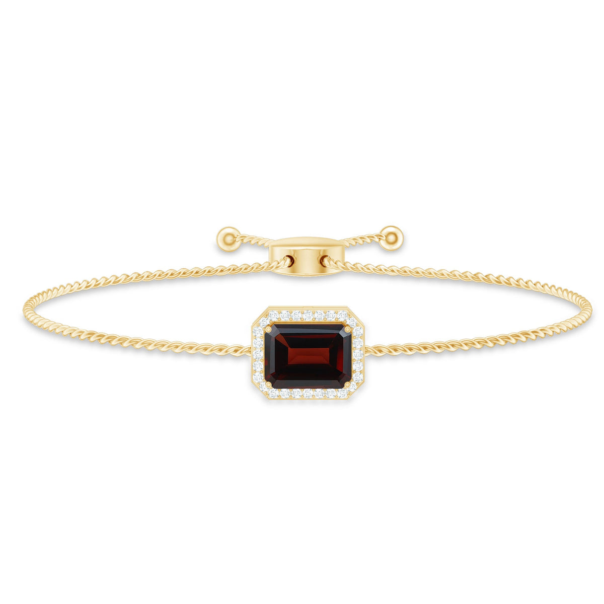 Real 2 Carat Emerald Cut Garnet Bolo Bracelet with Diamond Halo