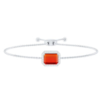 Emerald cut fire opal bolo bracelet with diamond halo, featuring a 1-carat gemstone and rose gold finish, by Rosec Jewels.