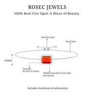 Emerald cut fire opal bolo bracelet with diamond halo accents by Rosec Jewels, showcasing vibrant gemstones and elegant design.