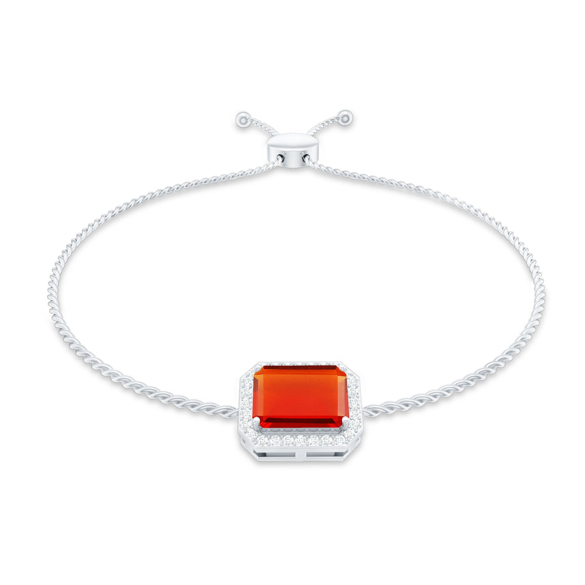Real 1 Carat Emerald Cut Fire Opal Bolo Bracelet with Diamond Halo by Rosec Jewels, featuring a vibrant fire opal and sparkling diamonds.