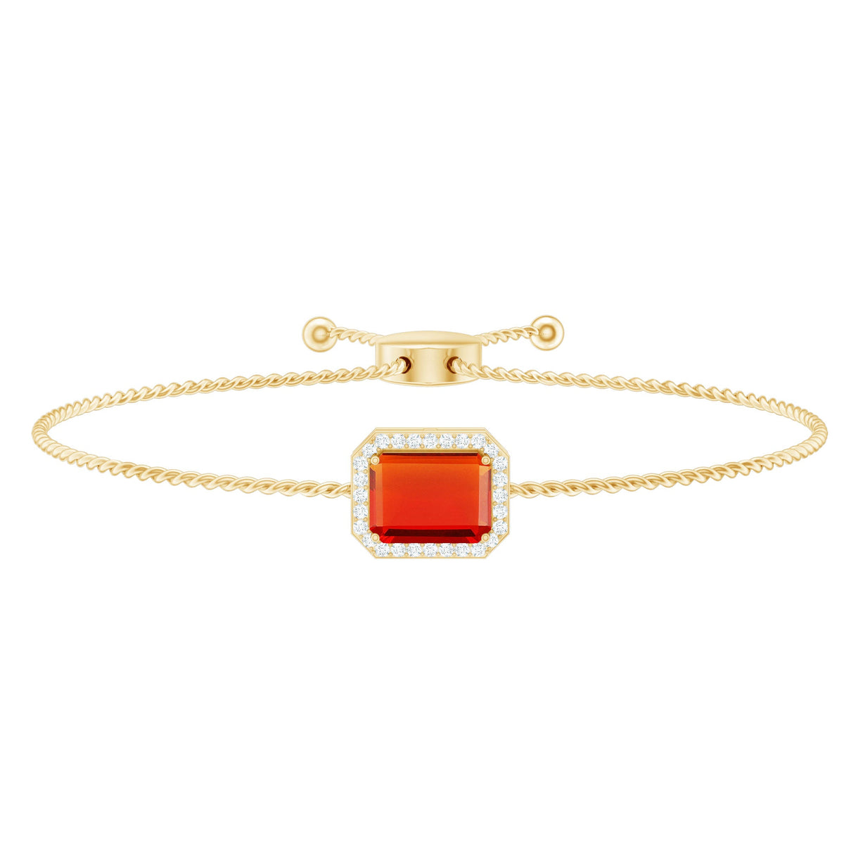 Emerald cut fire opal bolo bracelet with diamond halo accents from Rosec Jewels, showcasing a 1 carat gemstone and elegant design.