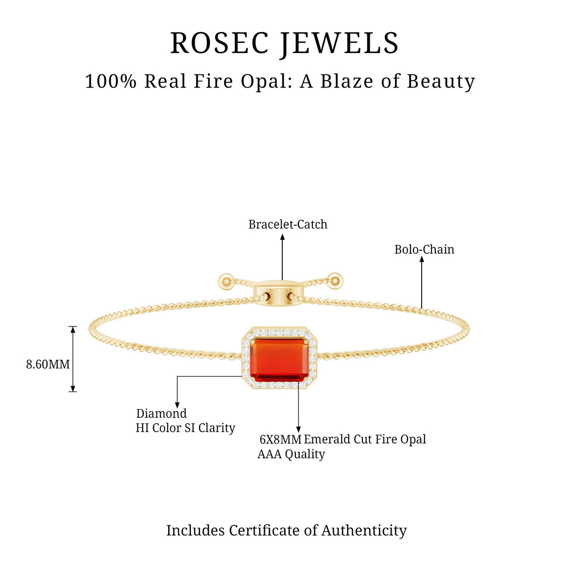 Emerald cut fire opal bolo bracelet with diamond halo accents from Rosec Jewels, showcasing vibrant orange and red gemstone design.
